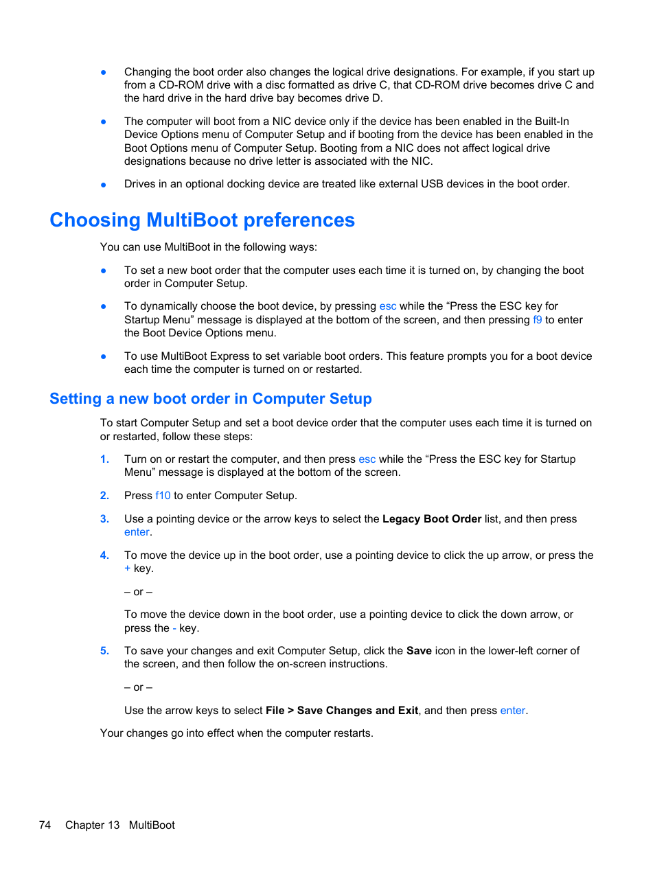 Choosing multiboot preferences, Setting a new boot order in computer setup | HP EliteBook 2170p Notebook PC User Manual | Page 84 / 100