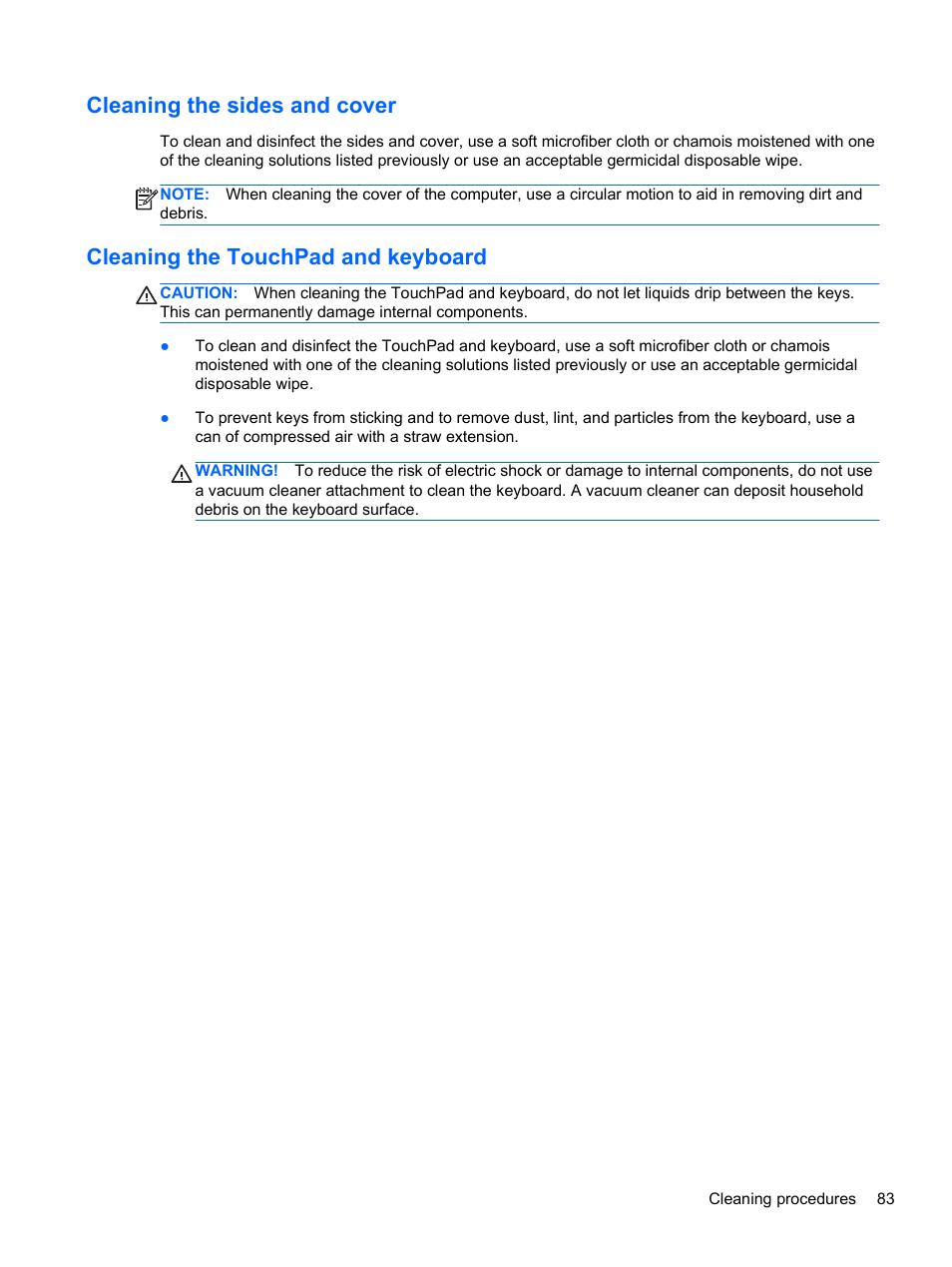 Cleaning the sides and cover, Cleaning the touchpad and keyboard | HP EliteBook 2170p Notebook PC User Manual | Page 93 / 100