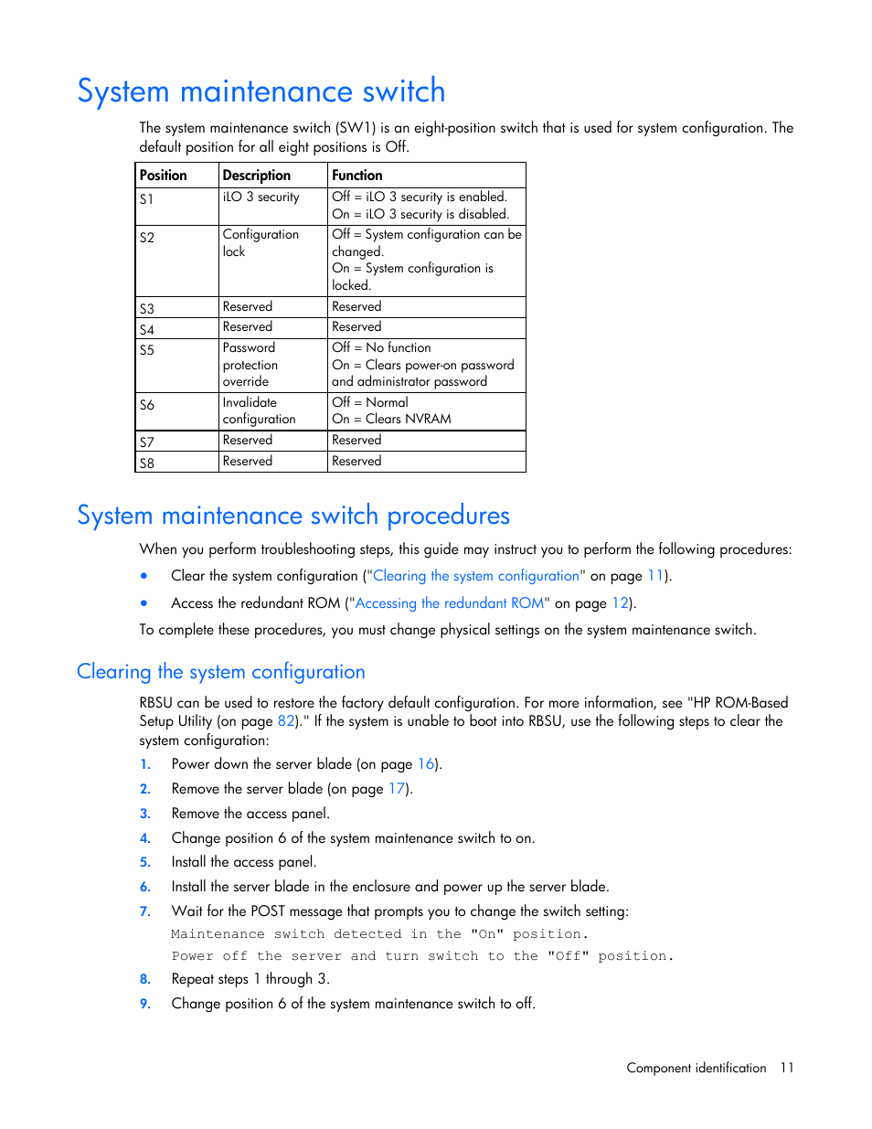 System maintenance switch, System maintenance switch procedures, Clearing the system configuration | HP ProLiant BL680c G7 Server-Blade User Manual | Page 11 / 134