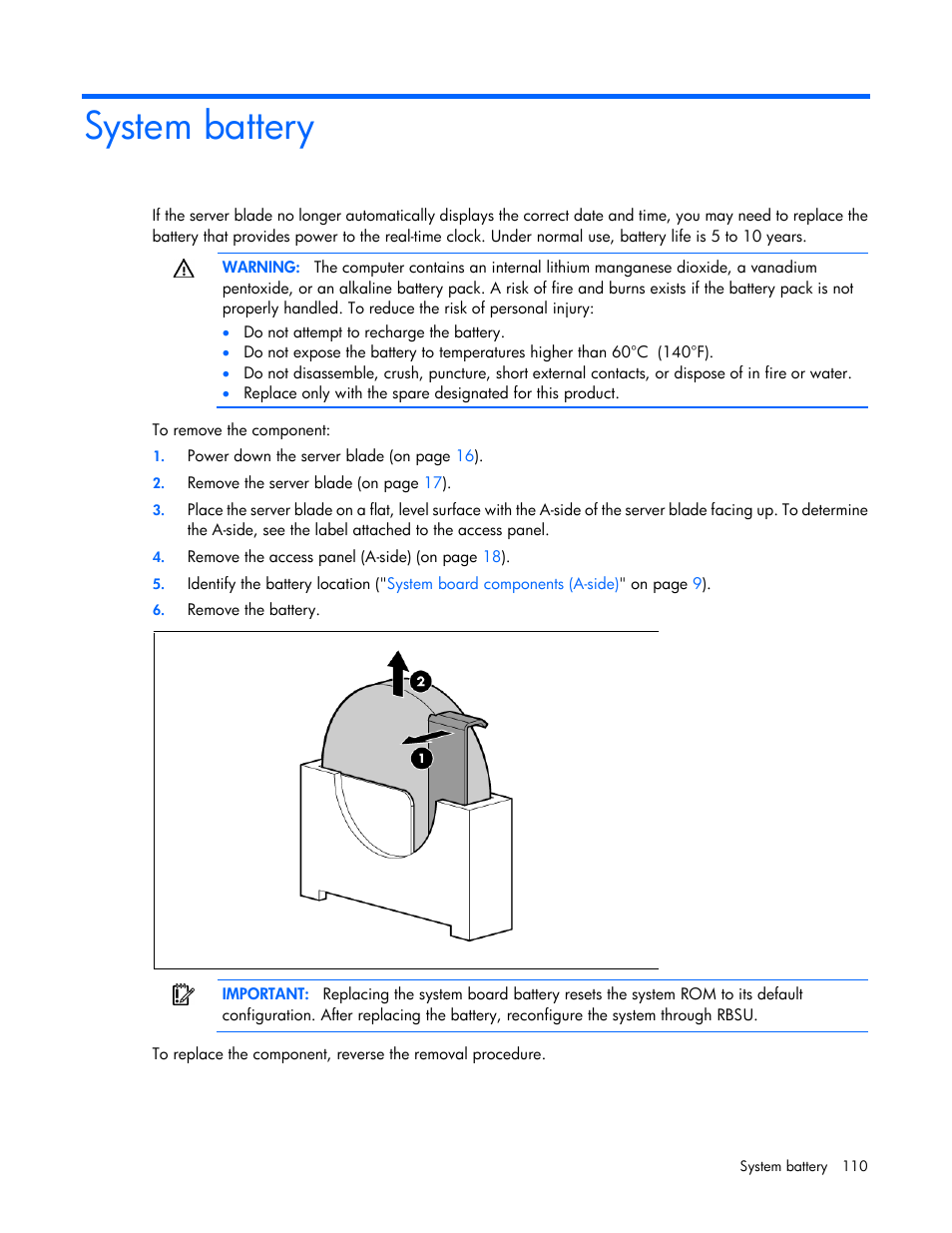 System battery | HP ProLiant BL680c G7 Server-Blade User Manual | Page 110 / 134