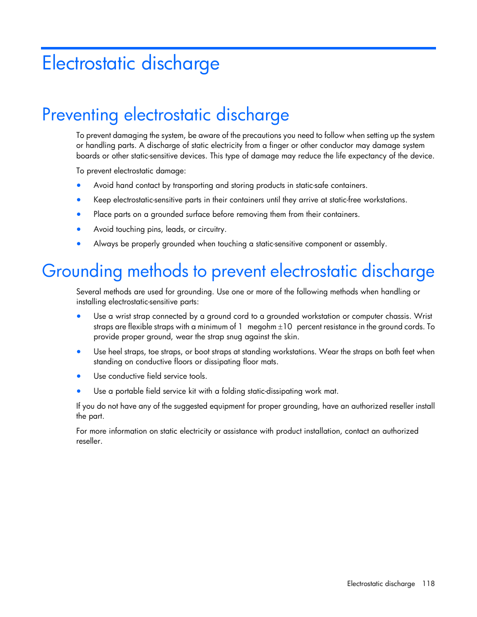 Electrostatic discharge, Preventing electrostatic discharge | HP ProLiant BL680c G7 Server-Blade User Manual | Page 118 / 134
