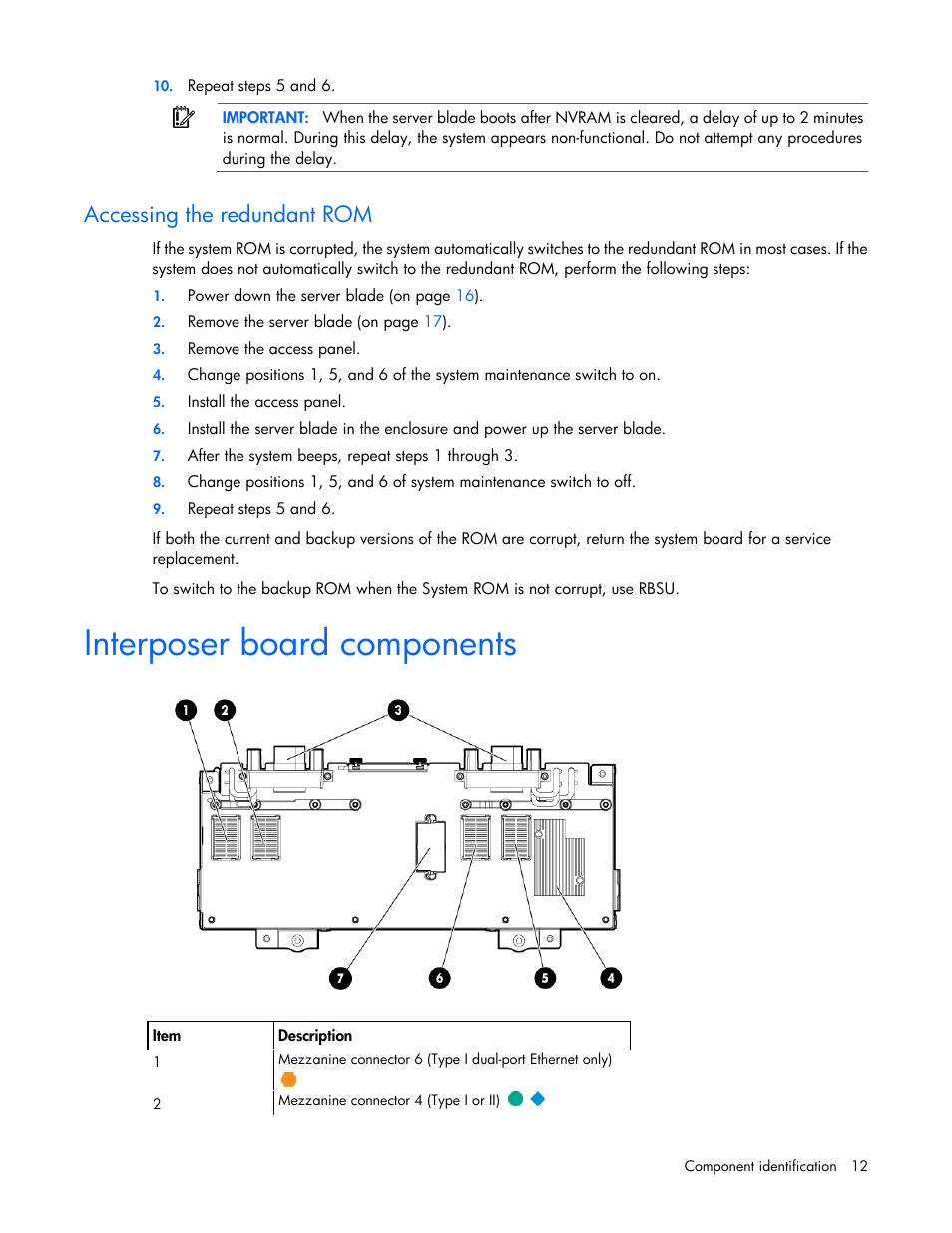 Accessing the redundant rom, Interposer board components | HP ProLiant BL680c G7 Server-Blade User Manual | Page 12 / 134