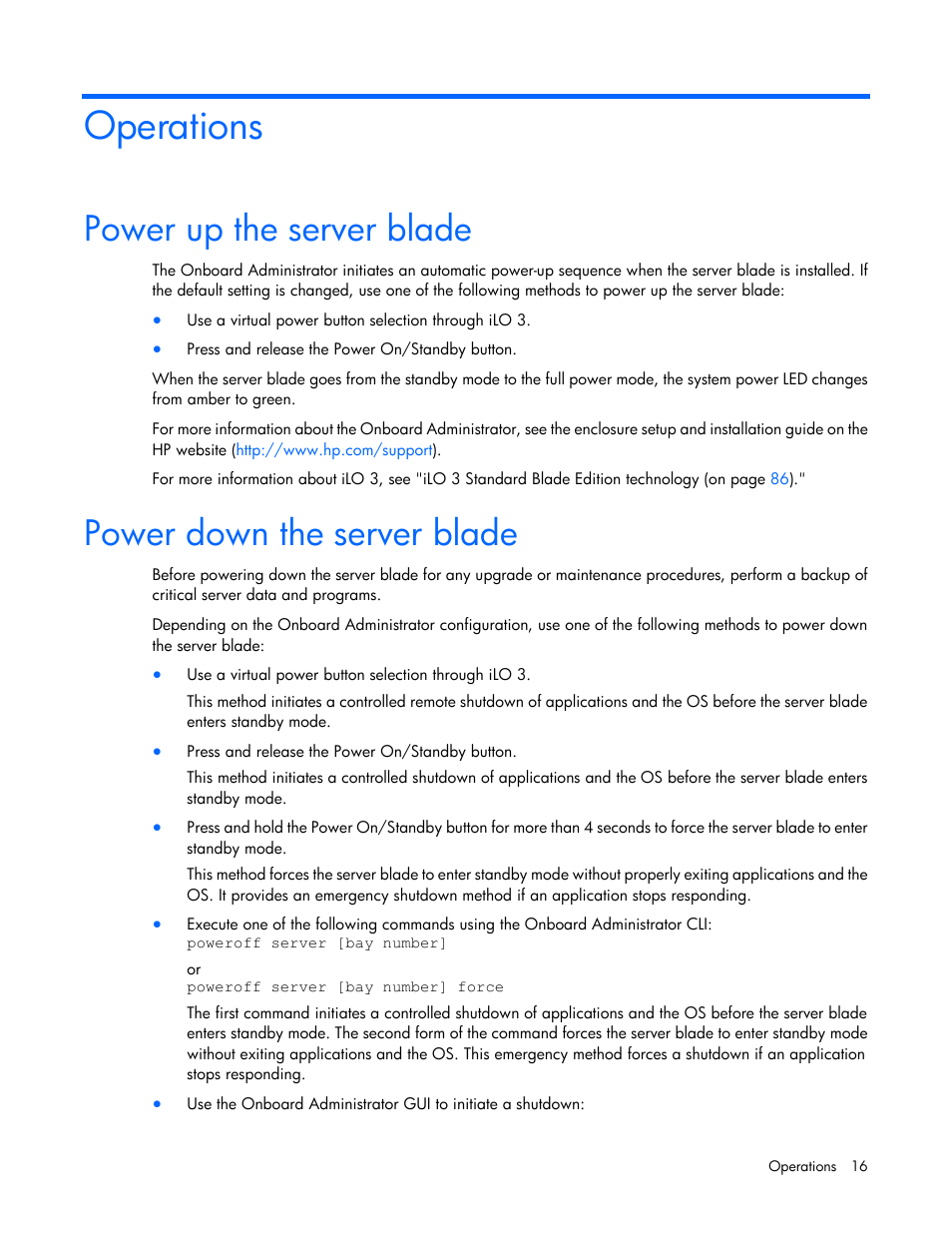 Operations, Power up the server blade, Power down the server blade | HP ProLiant BL680c G7 Server-Blade User Manual | Page 16 / 134