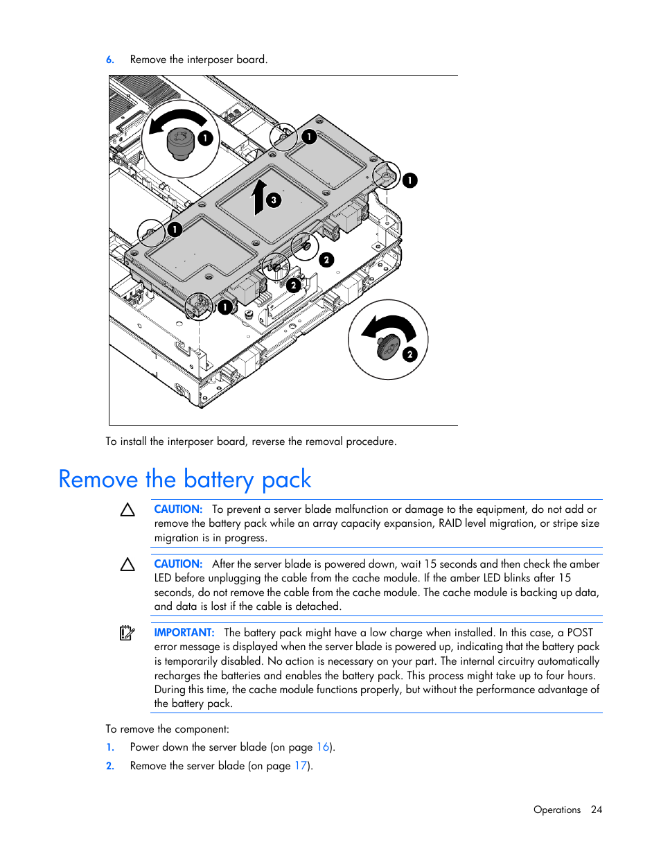 Remove the battery pack | HP ProLiant BL680c G7 Server-Blade User Manual | Page 24 / 134