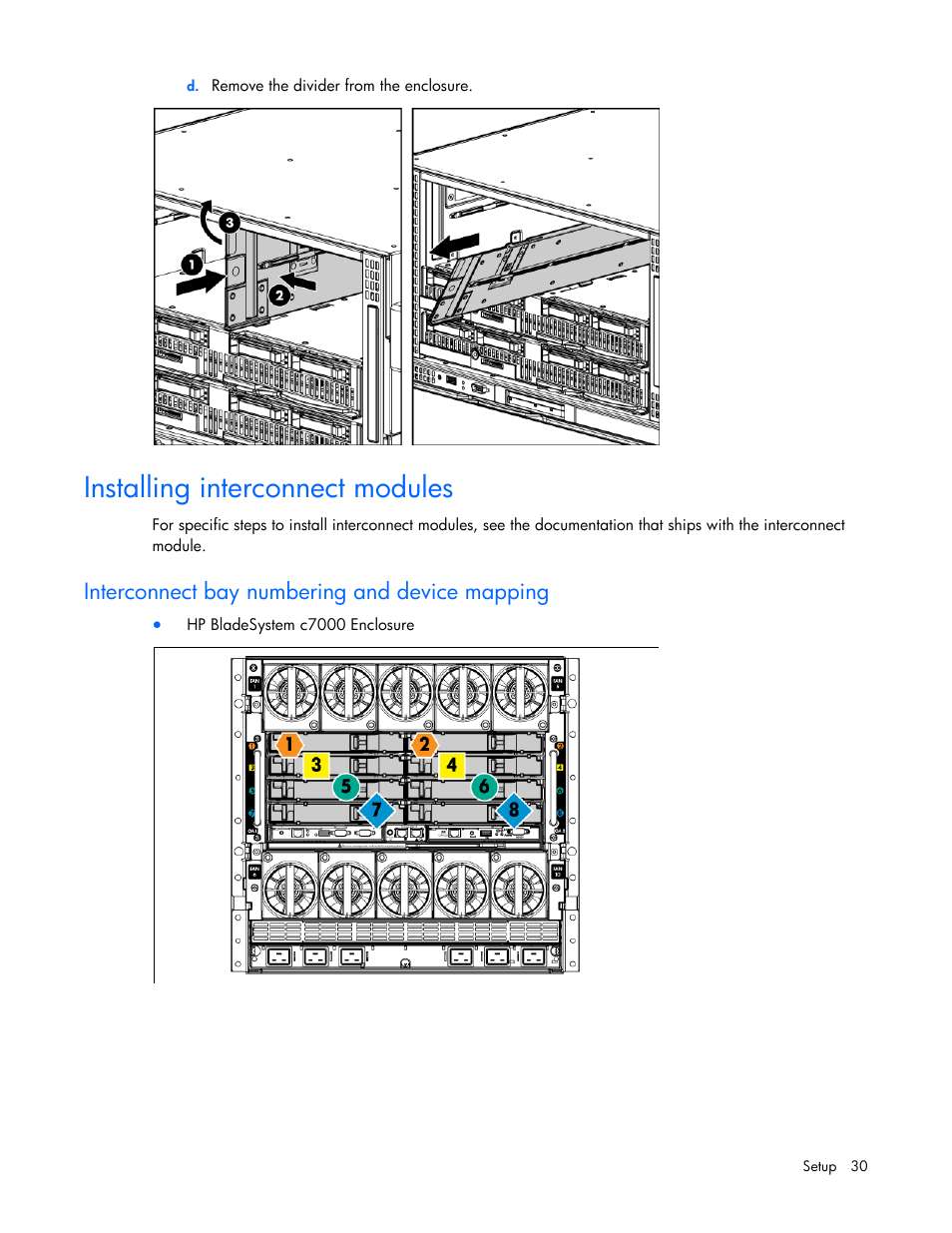 Installing interconnect modules, Interconnect bay numbering and device mapping | HP ProLiant BL680c G7 Server-Blade User Manual | Page 30 / 134