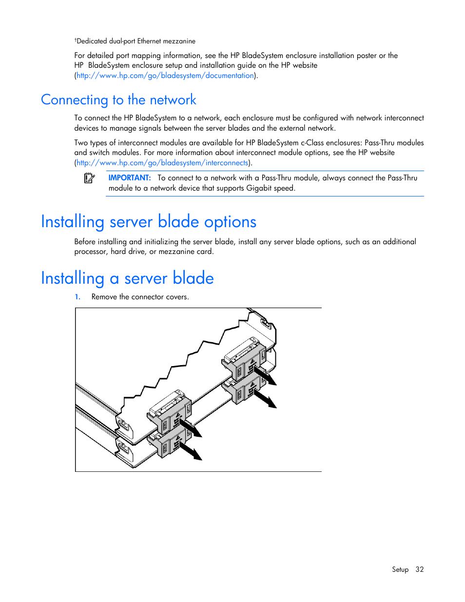Connecting to the network, Installing server blade options, Installing a server blade | HP ProLiant BL680c G7 Server-Blade User Manual | Page 32 / 134