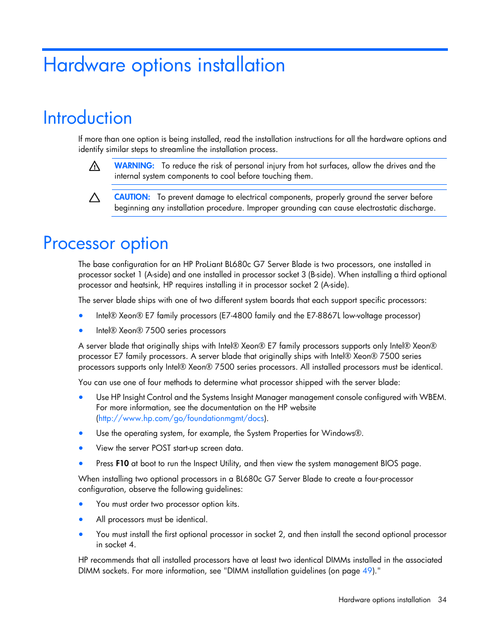 Hardware options installation, Introduction, Processor option | HP ProLiant BL680c G7 Server-Blade User Manual | Page 34 / 134