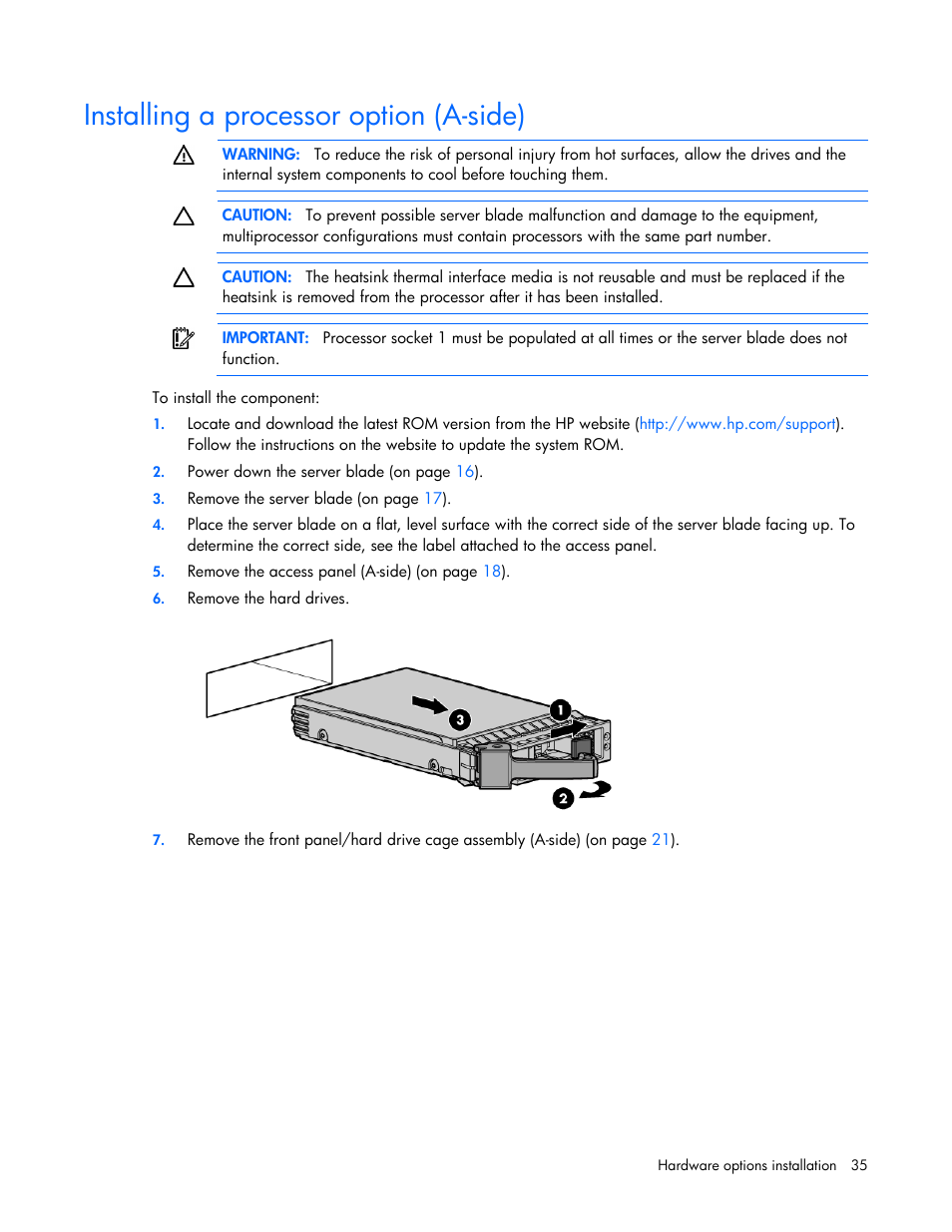 Installing a processor option (a-side) | HP ProLiant BL680c G7 Server-Blade User Manual | Page 35 / 134