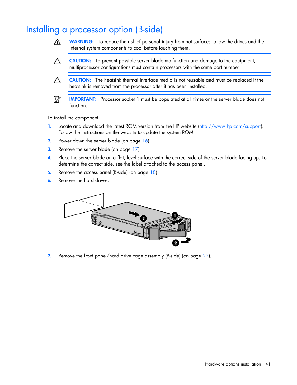 Installing a processor option (b-side) | HP ProLiant BL680c G7 Server-Blade User Manual | Page 41 / 134