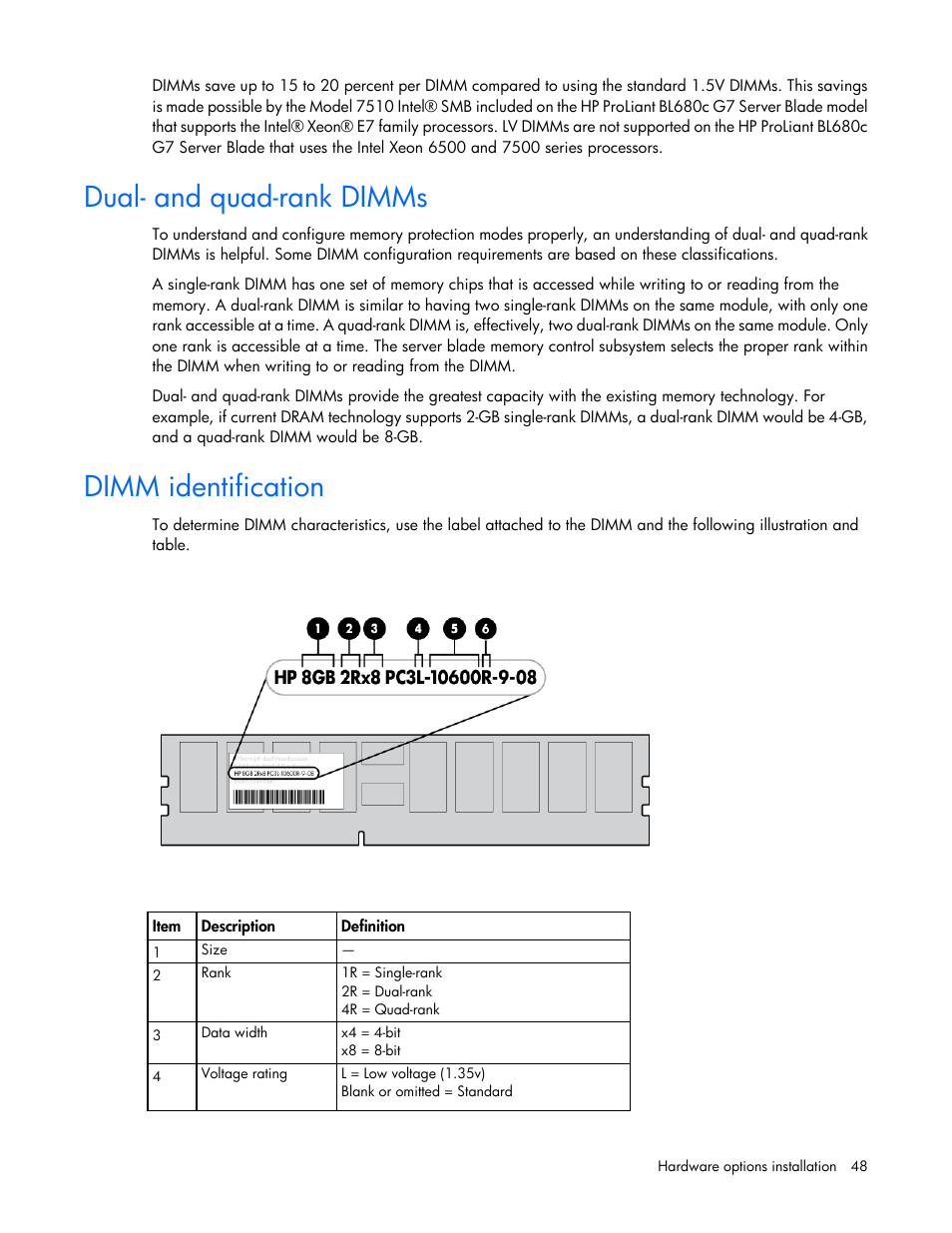 Dual- and quad-rank dimms, Dimm identification | HP ProLiant BL680c G7 Server-Blade User Manual | Page 48 / 134