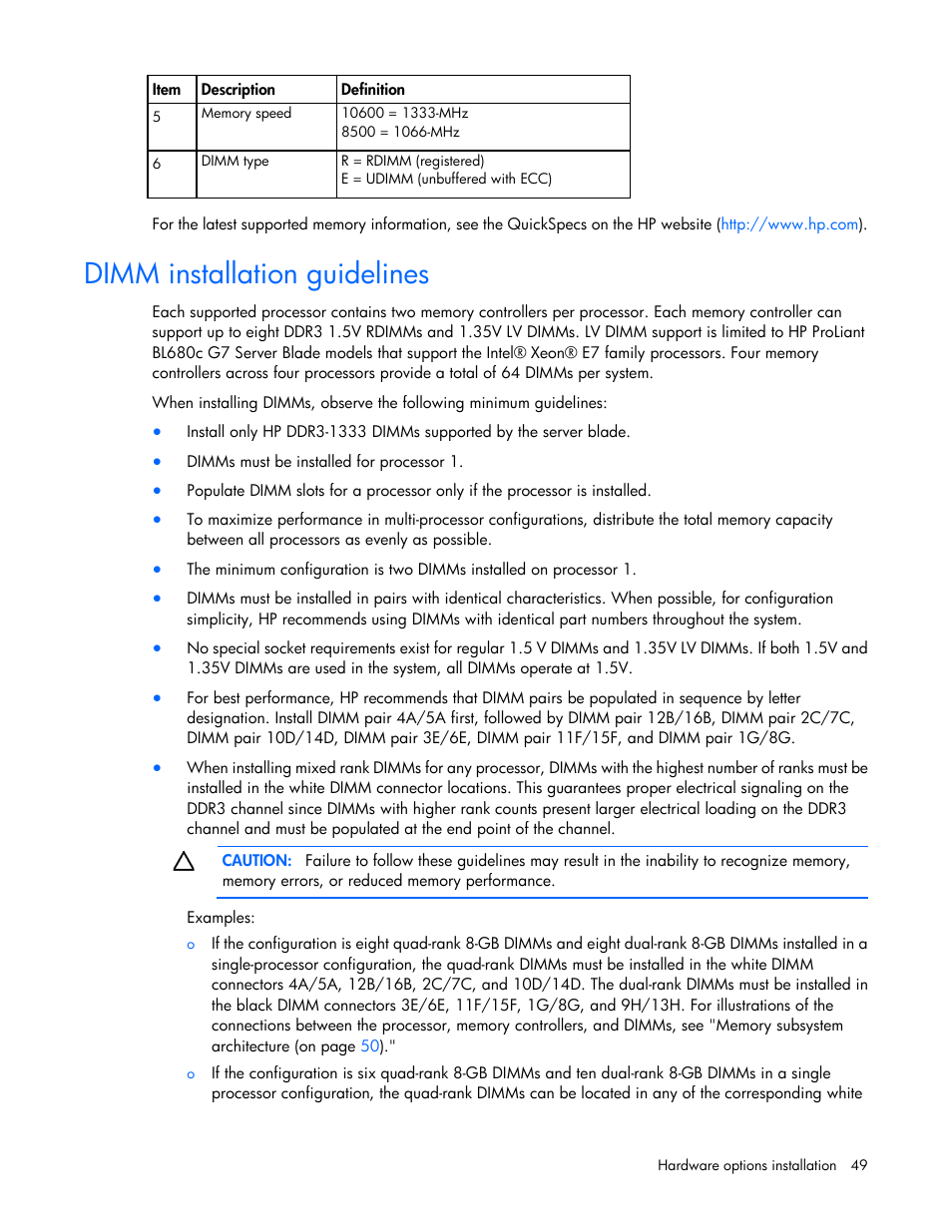 Dimm installation guidelines | HP ProLiant BL680c G7 Server-Blade User Manual | Page 49 / 134