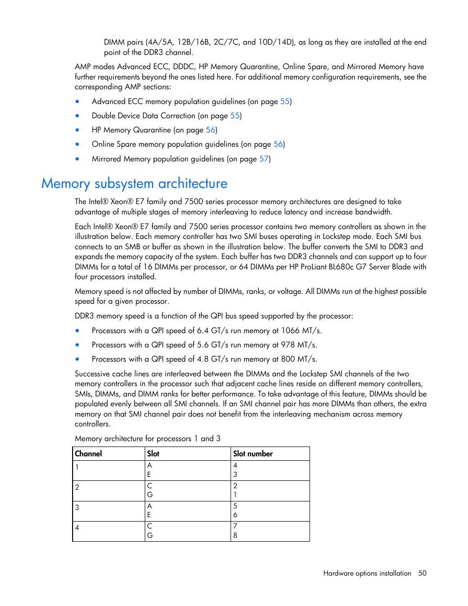 Memory subsystem architecture | HP ProLiant BL680c G7 Server-Blade User Manual | Page 50 / 134