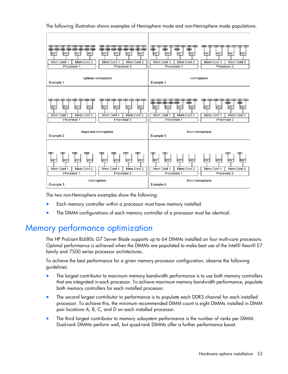 Memory performance optimization | HP ProLiant BL680c G7 Server-Blade User Manual | Page 53 / 134