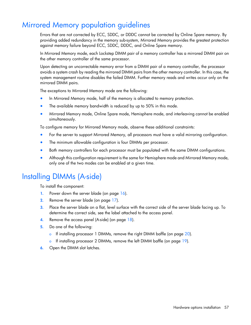 Mirrored memory population guidelines, Installing dimms (a-side) | HP ProLiant BL680c G7 Server-Blade User Manual | Page 57 / 134