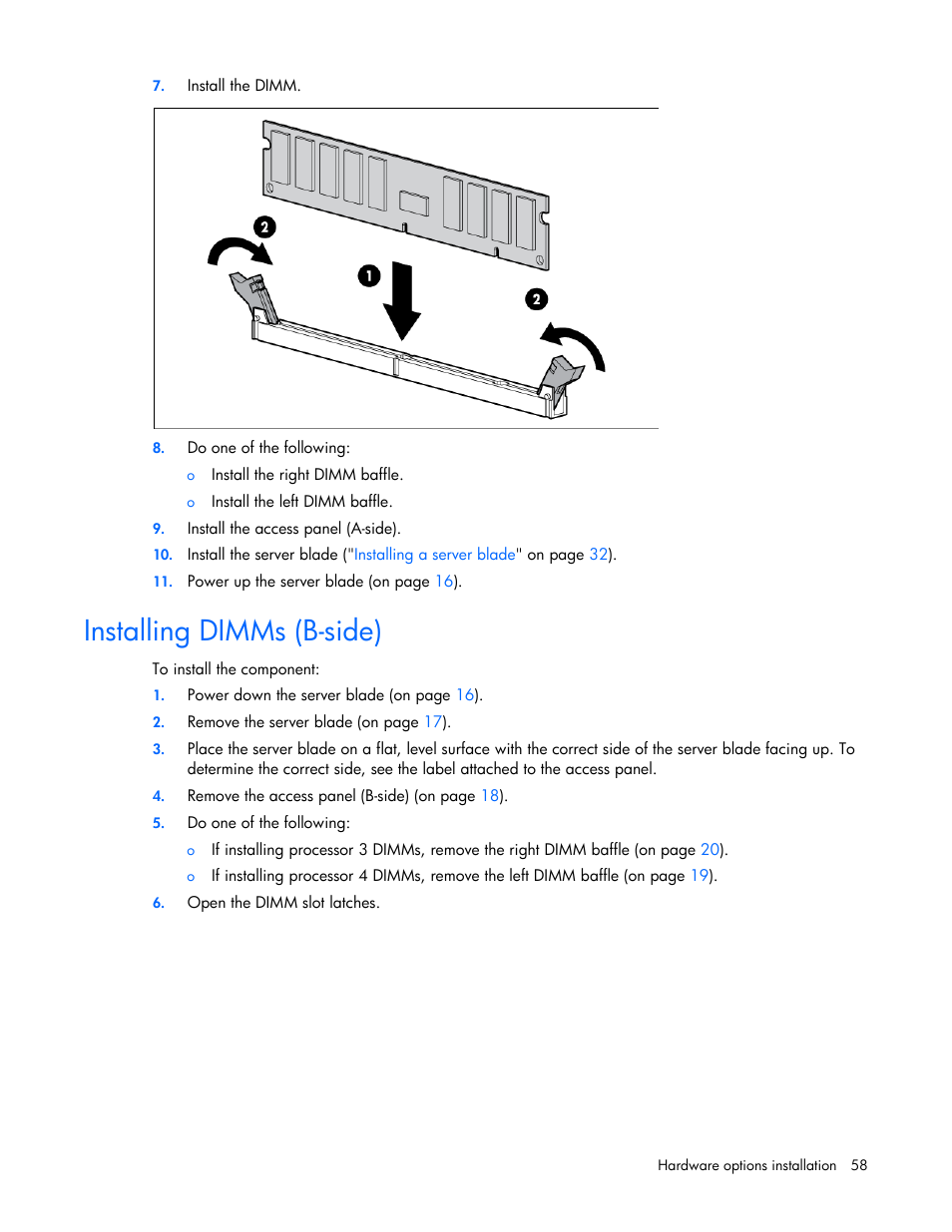 Installing dimms (b-side) | HP ProLiant BL680c G7 Server-Blade User Manual | Page 58 / 134