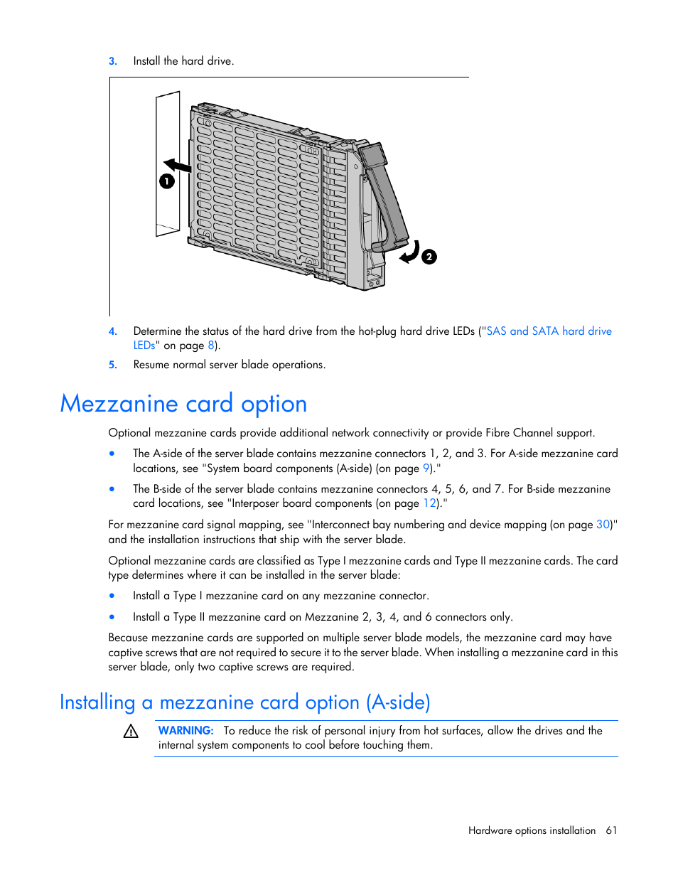 Mezzanine card option, Installing a mezzanine card option (a-side) | HP ProLiant BL680c G7 Server-Blade User Manual | Page 61 / 134