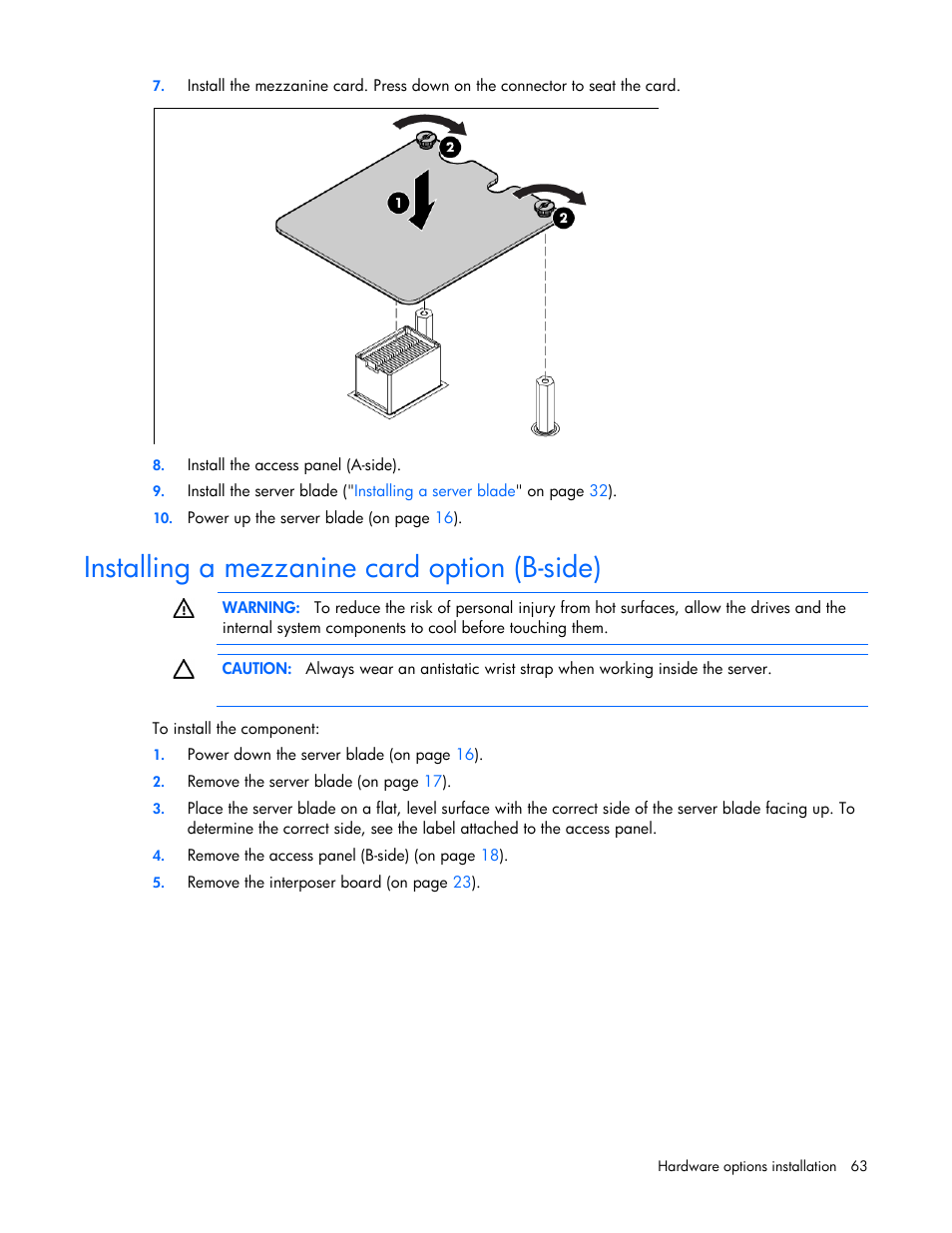Installing a mezzanine card option (b-side) | HP ProLiant BL680c G7 Server-Blade User Manual | Page 63 / 134