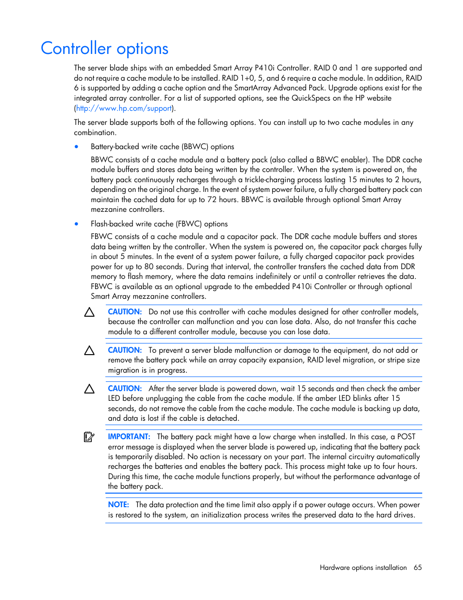 Controller options | HP ProLiant BL680c G7 Server-Blade User Manual | Page 65 / 134