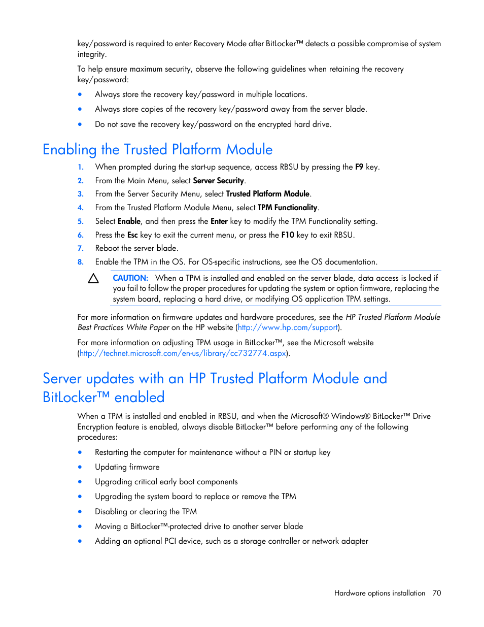 Enabling the trusted platform module | HP ProLiant BL680c G7 Server-Blade User Manual | Page 70 / 134