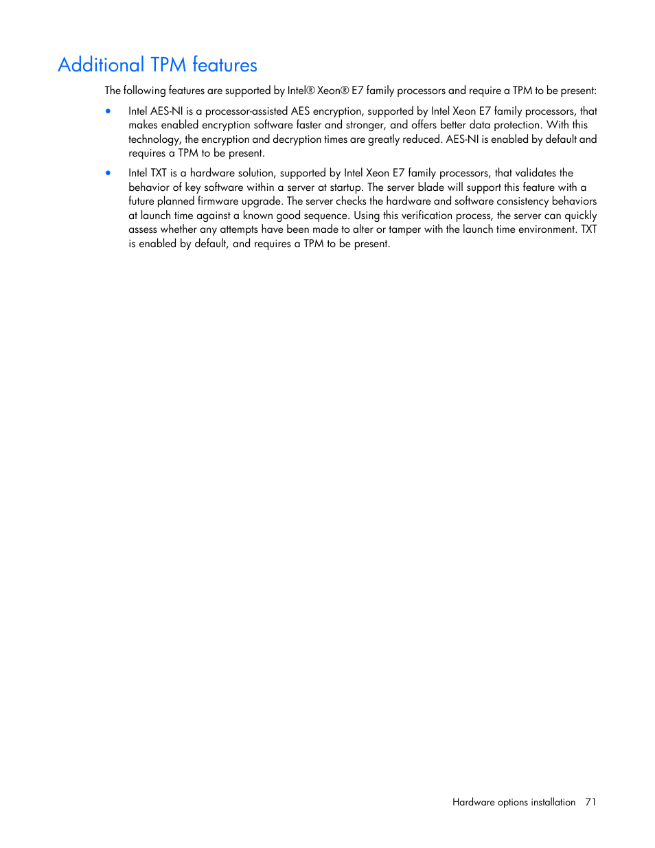 Additional tpm features | HP ProLiant BL680c G7 Server-Blade User Manual | Page 71 / 134