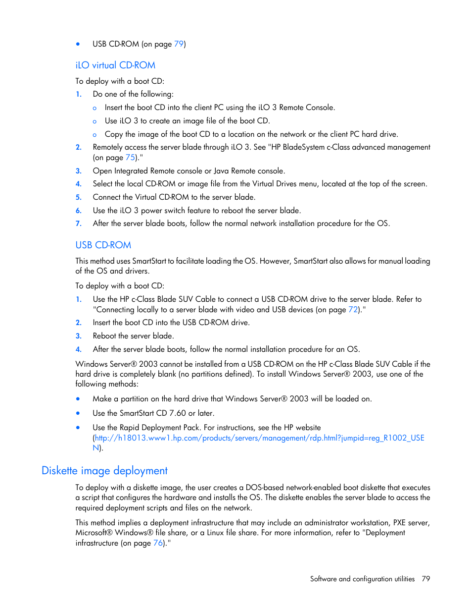 Ilo virtual cd-rom, Usb cd-rom, Diskette image deployment | HP ProLiant BL680c G7 Server-Blade User Manual | Page 79 / 134