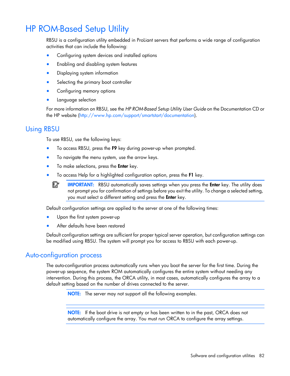Hp rom-based setup utility, Using rbsu, Auto-configuration process | Hp rom-based setup, Utility | HP ProLiant BL680c G7 Server-Blade User Manual | Page 82 / 134