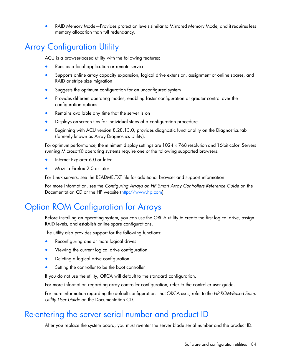 Array configuration utility, Option rom configuration for arrays | HP ProLiant BL680c G7 Server-Blade User Manual | Page 84 / 134