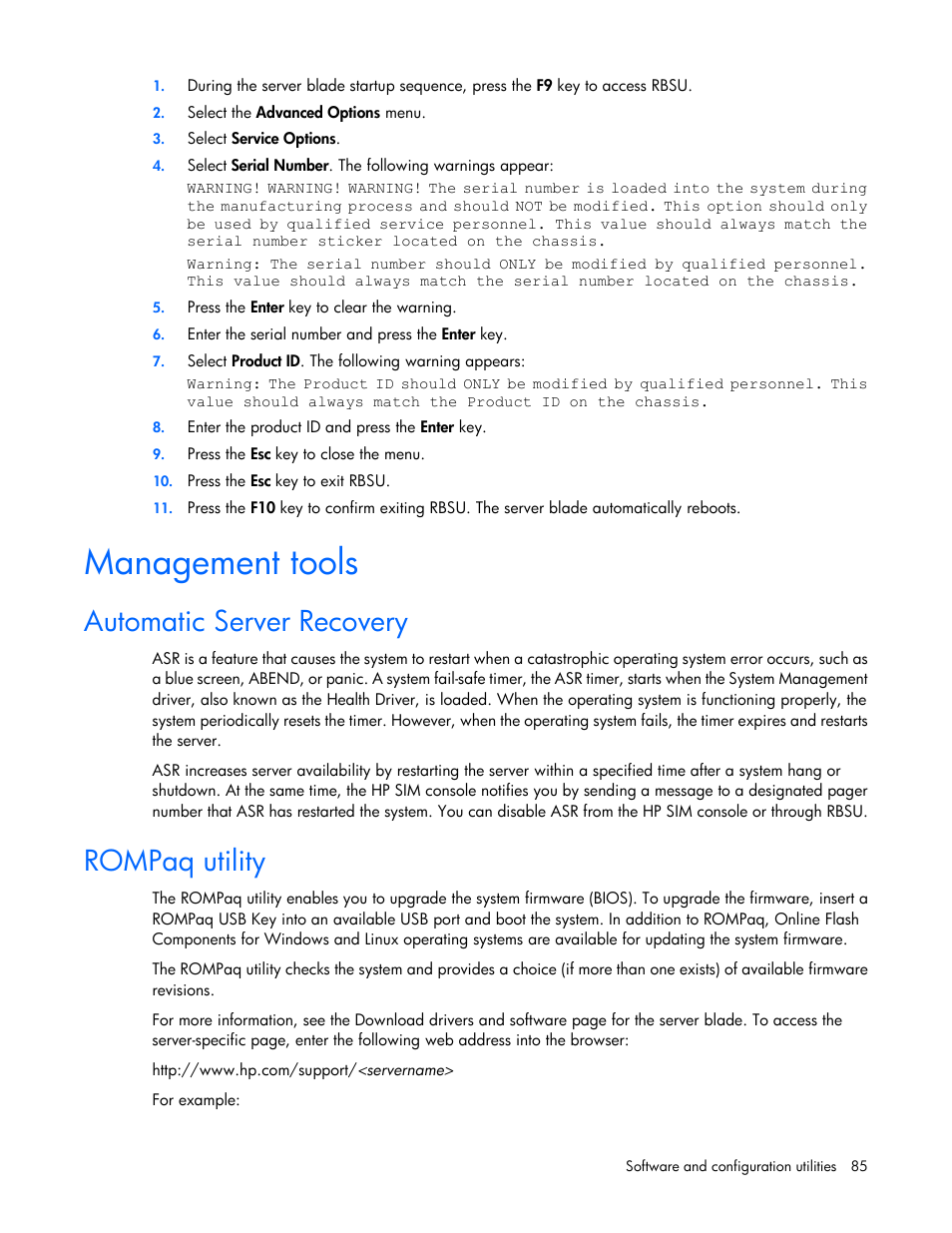 Management tools, Automatic server recovery, Rompaq utility | HP ProLiant BL680c G7 Server-Blade User Manual | Page 85 / 134