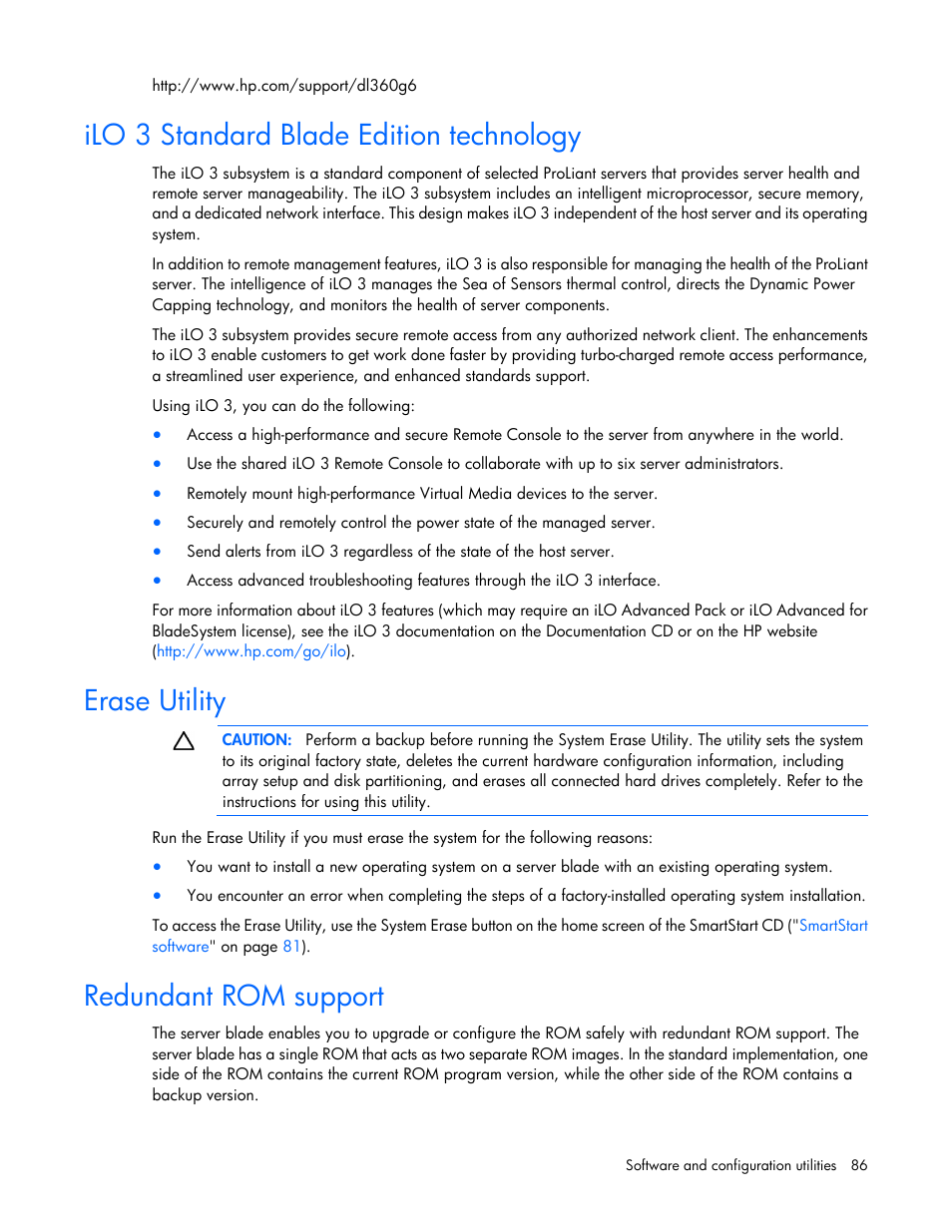 Ilo 3 standard blade edition technology, Erase utility, Redundant rom support | HP ProLiant BL680c G7 Server-Blade User Manual | Page 86 / 134