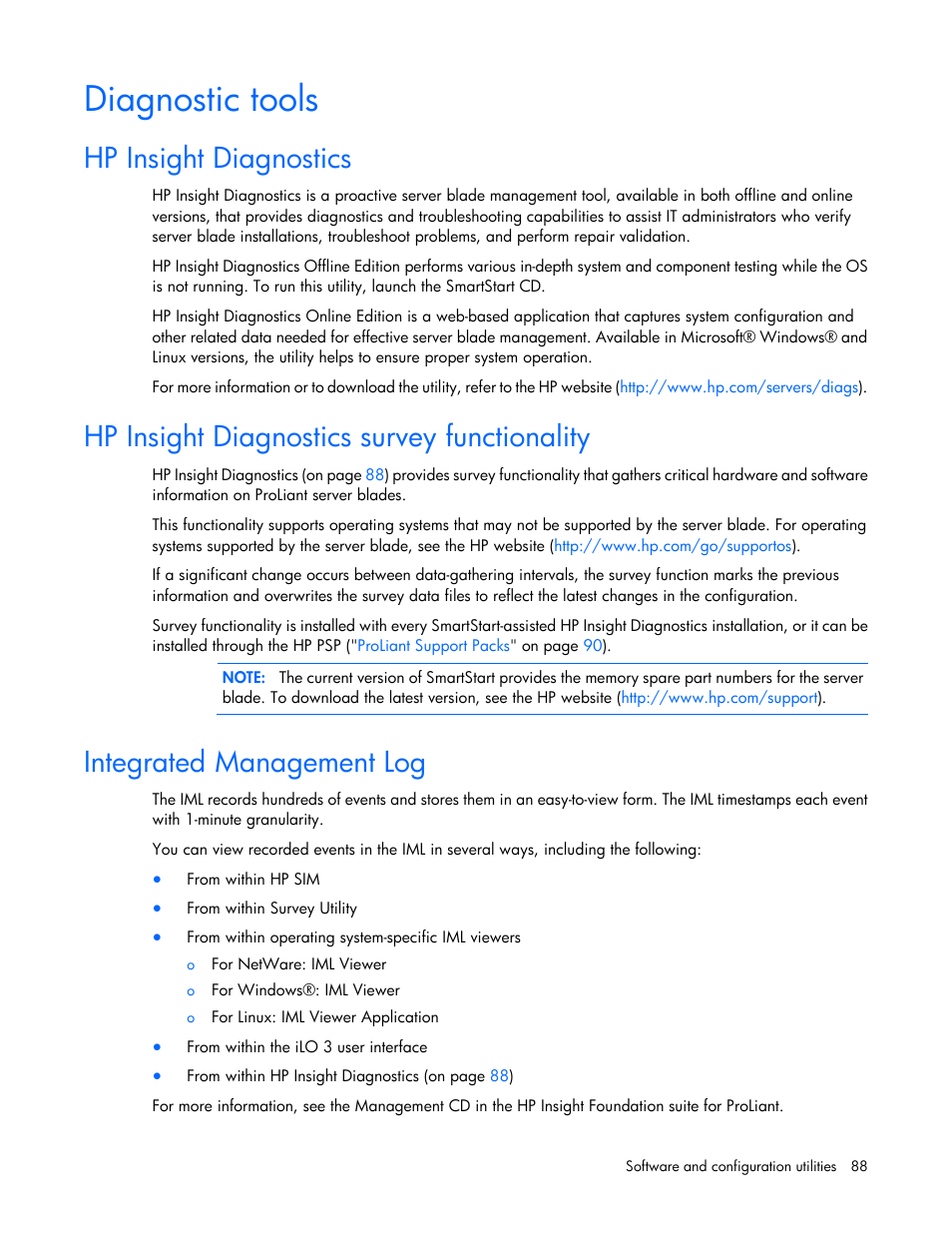 Diagnostic tools, Hp insight diagnostics, Hp insight diagnostics survey functionality | Integrated management log | HP ProLiant BL680c G7 Server-Blade User Manual | Page 88 / 134