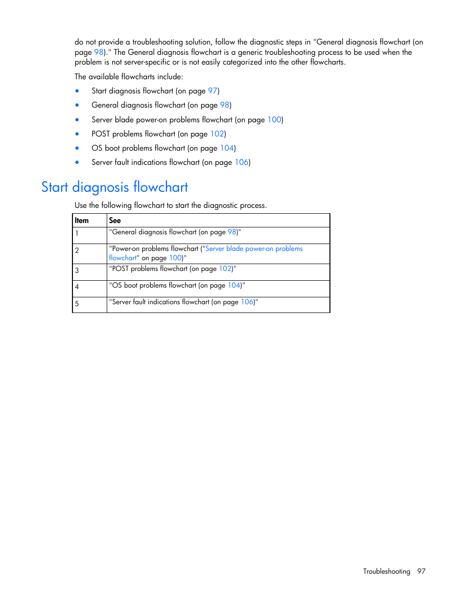 Start diagnosis flowchart | HP ProLiant BL680c G7 Server-Blade User Manual | Page 97 / 134