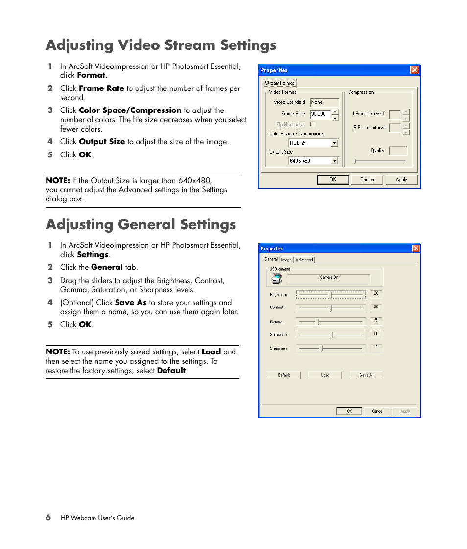 Adjusting video stream settings, Adjusting general settings | HP 1.3-Megapixel Ultra Notebook Webcam User Manual | Page 10 / 16