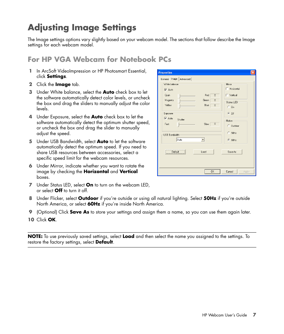 Adjusting image settings, For hp vga webcam for notebook pcs | HP 1.3-Megapixel Ultra Notebook Webcam User Manual | Page 11 / 16