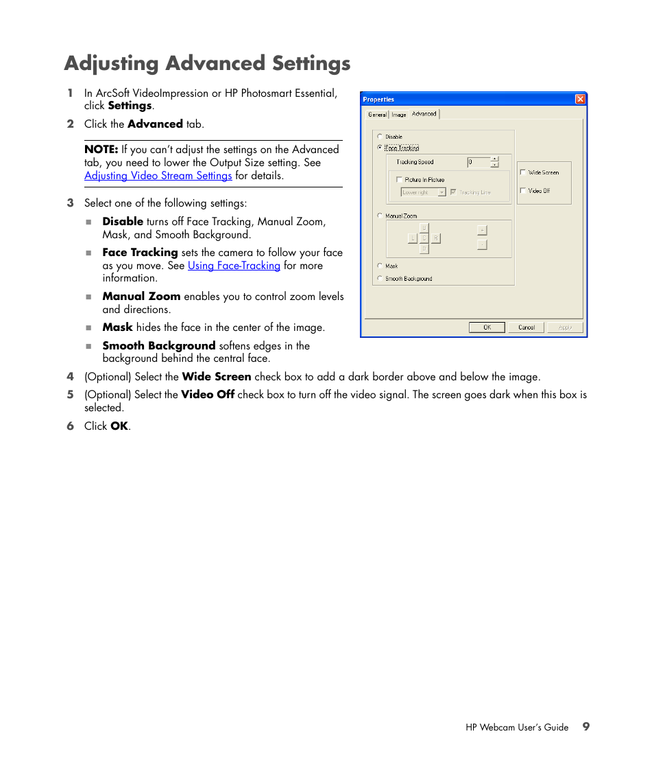 Adjusting advanced settings | HP 1.3-Megapixel Ultra Notebook Webcam User Manual | Page 13 / 16
