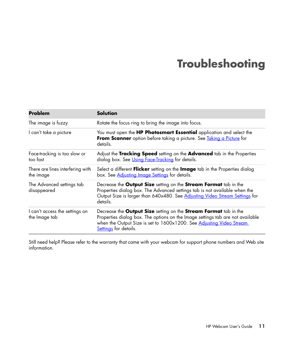 Troubleshooting | HP 1.3-Megapixel Ultra Notebook Webcam User Manual | Page 15 / 16