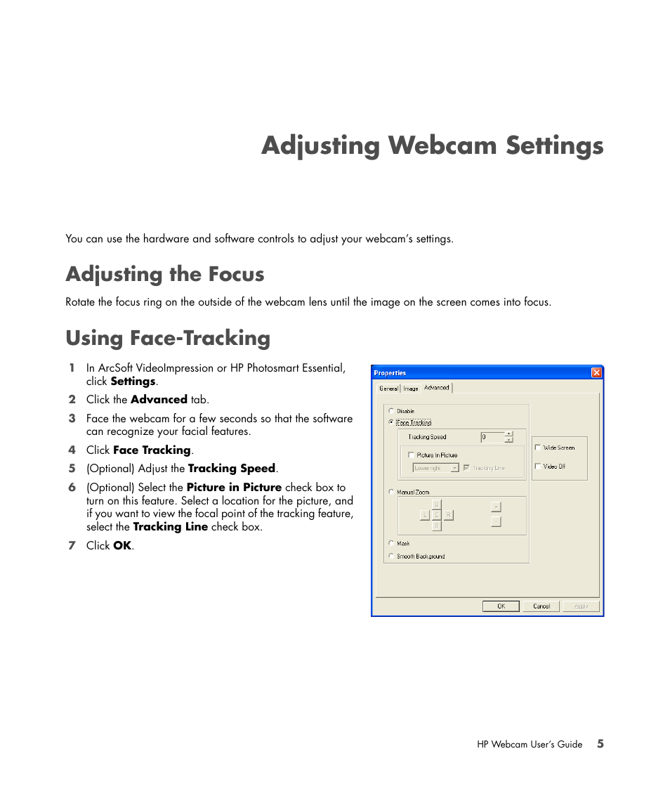 Adjusting webcam settings, Adjusting the focus, Using face-tracking | HP 1.3-Megapixel Ultra Notebook Webcam User Manual | Page 9 / 16