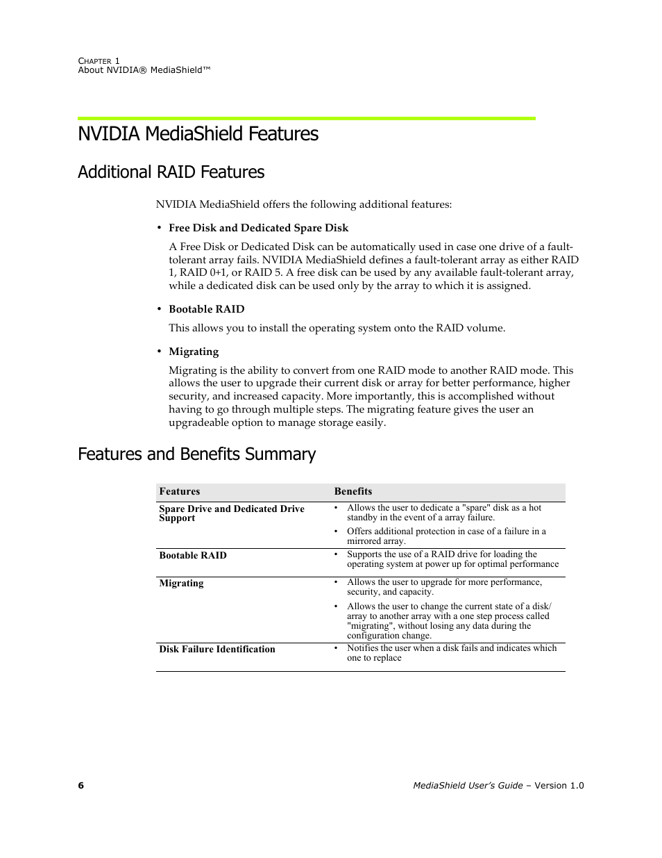 Nvidia mediashield features, Additional raid features, Features and benefits summary | HP ProLiant ML115 Server User Manual | Page 10 / 58