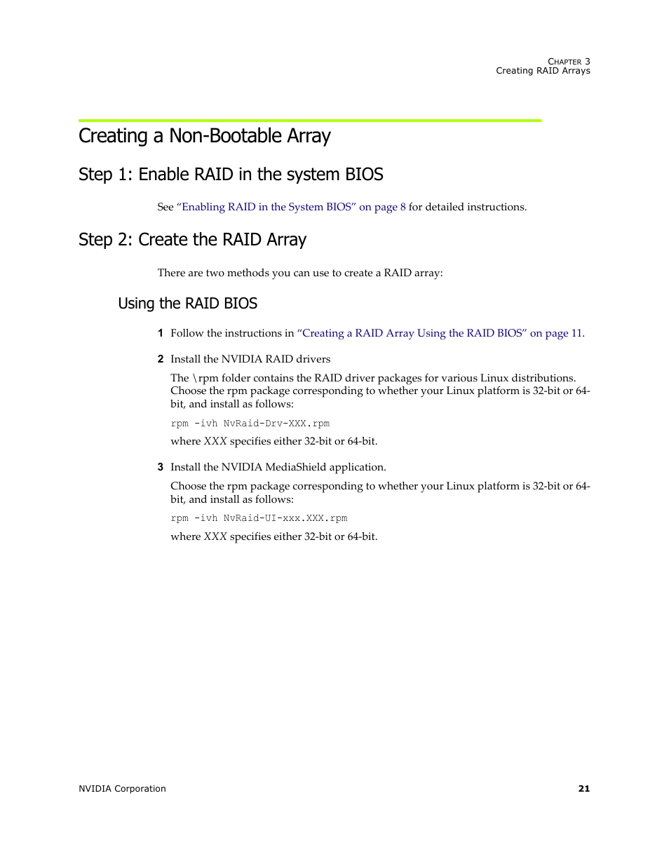 Creating a non-bootable array, Step 1: enable raid in the system bios, Step 2: create the raid array | Using the raid bios, Creating a non‐bootable array | HP ProLiant ML115 Server User Manual | Page 25 / 58
