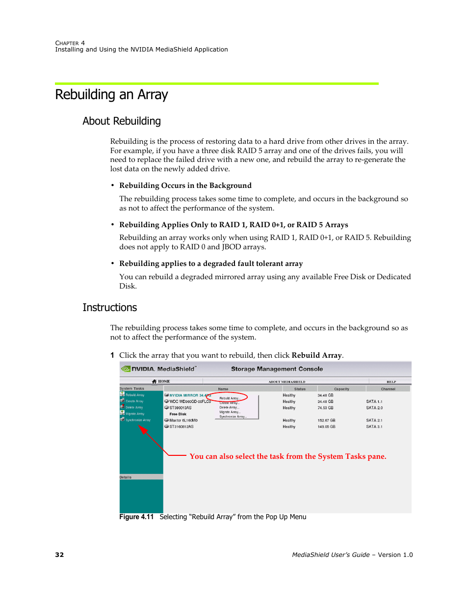 Rebuilding an array, About rebuilding, Instructions | HP ProLiant ML115 Server User Manual | Page 36 / 58