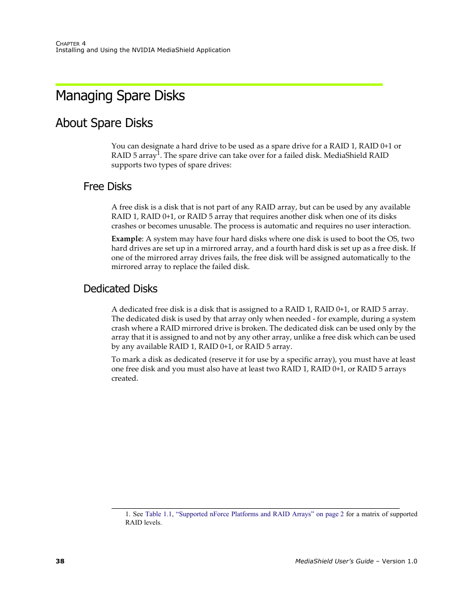 Managing spare disks, About spare disks, Free disks | Dedicated disks | HP ProLiant ML115 Server User Manual | Page 42 / 58
