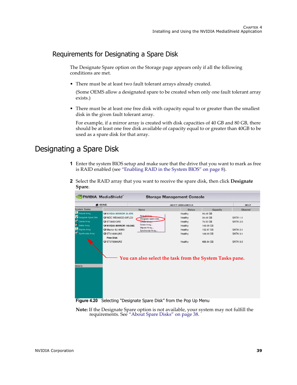 Requirements for designating a spare disk, Designating a spare disk | HP ProLiant ML115 Server User Manual | Page 43 / 58
