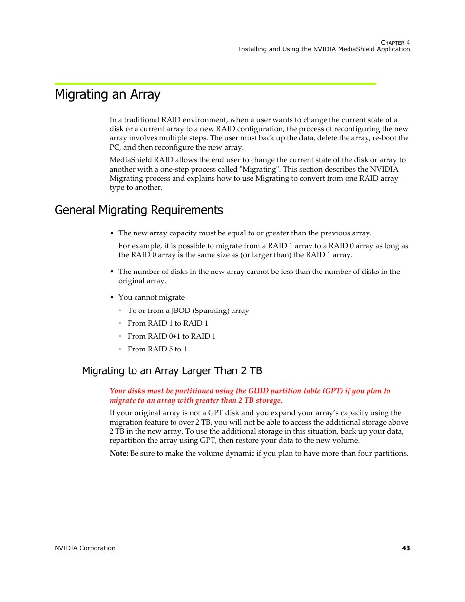 Migrating an array, General migrating requirements, Migrating to an array larger than 2 tb | HP ProLiant ML115 Server User Manual | Page 47 / 58
