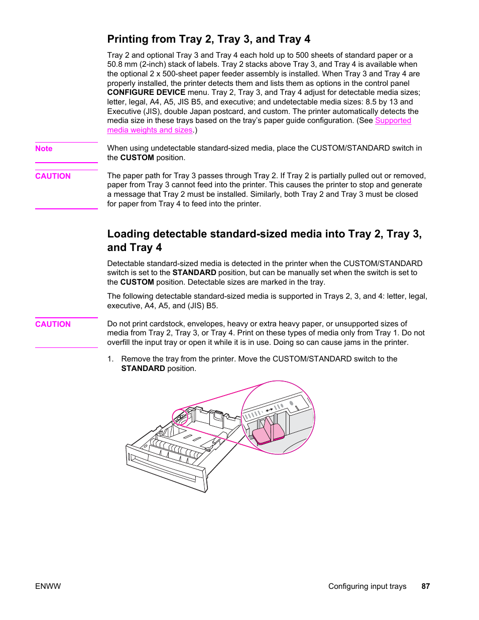 Printing from tray 2, tray 3, and tray 4 | HP Color LaserJet 4650 Printer series User Manual | Page 101 / 276