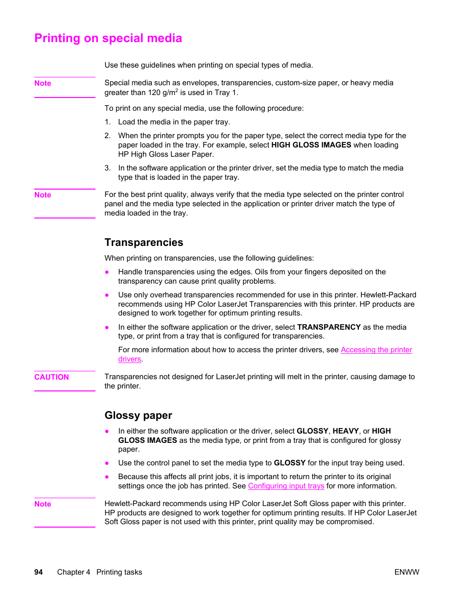 Printing on special media, Transparencies, Glossy paper | Transparencies glossy paper | HP Color LaserJet 4650 Printer series User Manual | Page 108 / 276