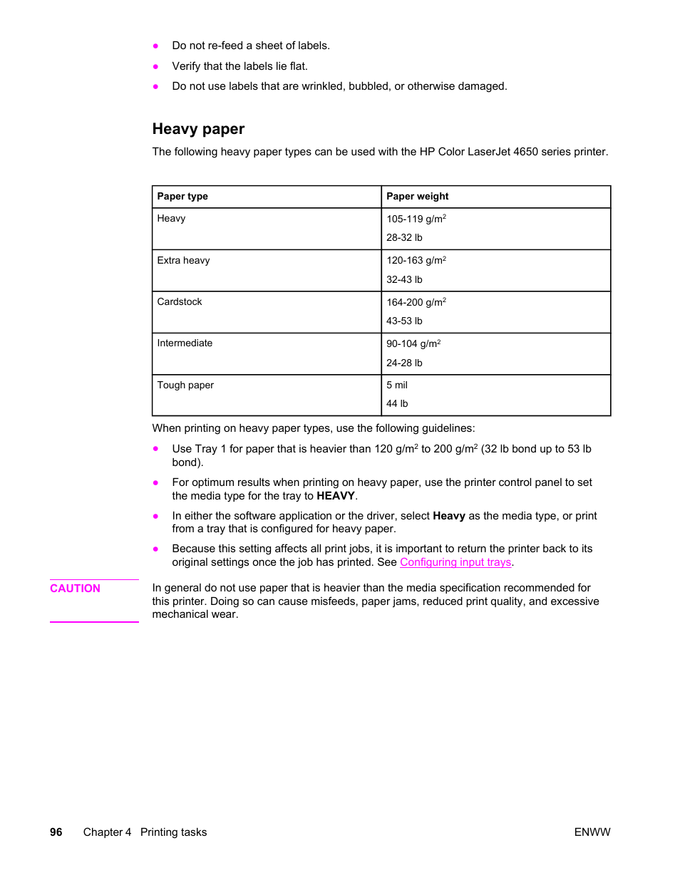 Heavy paper | HP Color LaserJet 4650 Printer series User Manual | Page 110 / 276