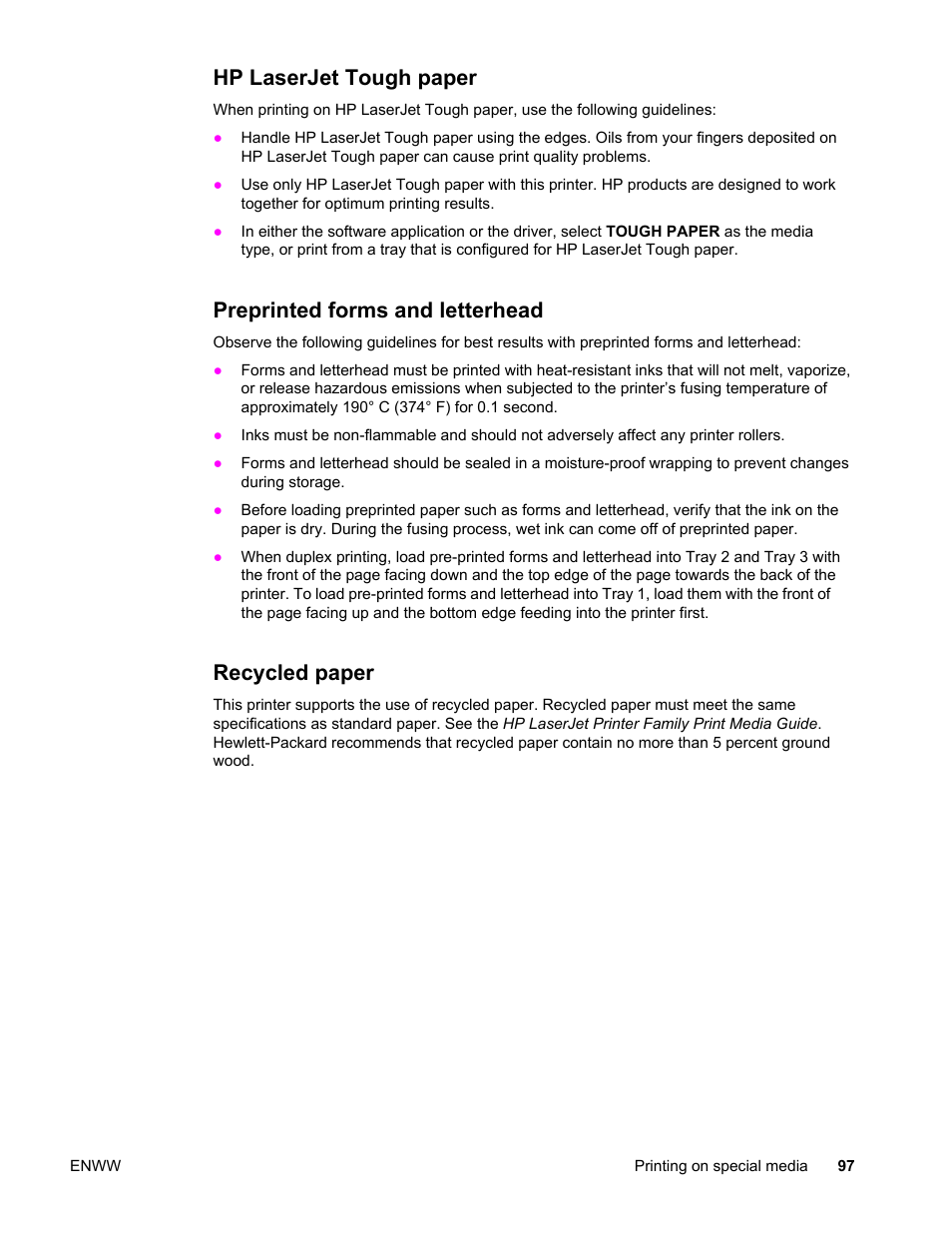 Hp laserjet tough paper, Preprinted forms and letterhead, Recycled paper | HP Color LaserJet 4650 Printer series User Manual | Page 111 / 276