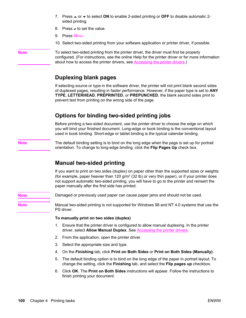 Options for binding two-sided printing jobs, Manual two-sided printing, Duplexing blank pages | HP Color LaserJet 4650 Printer series User Manual | Page 114 / 276