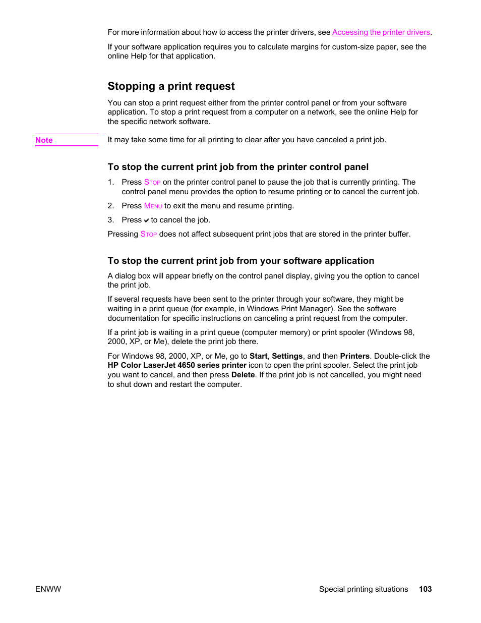 Stopping a print request | HP Color LaserJet 4650 Printer series User Manual | Page 117 / 276