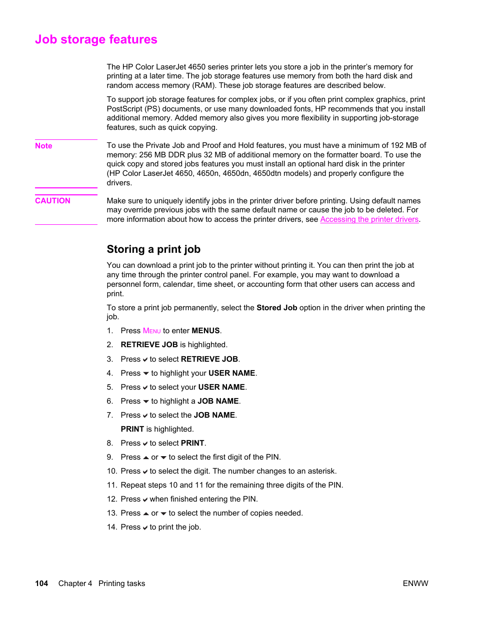 Job storage features, Storing a print job | HP Color LaserJet 4650 Printer series User Manual | Page 118 / 276