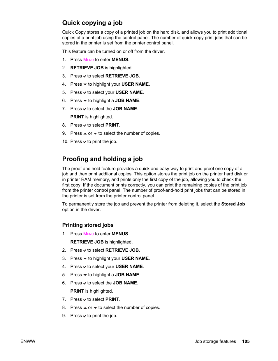 Quick copying a job, Proofing and holding a job, Quick copying a job proofing and holding a job | HP Color LaserJet 4650 Printer series User Manual | Page 119 / 276